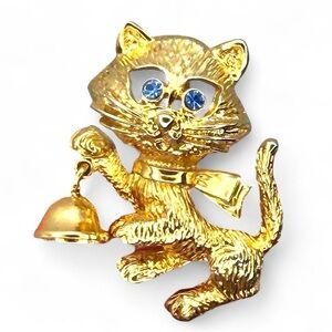 Vintage Avon Cat Bell Brooch Pin Gold Tone Rhinestone Eyes Signed Frisky Kitty